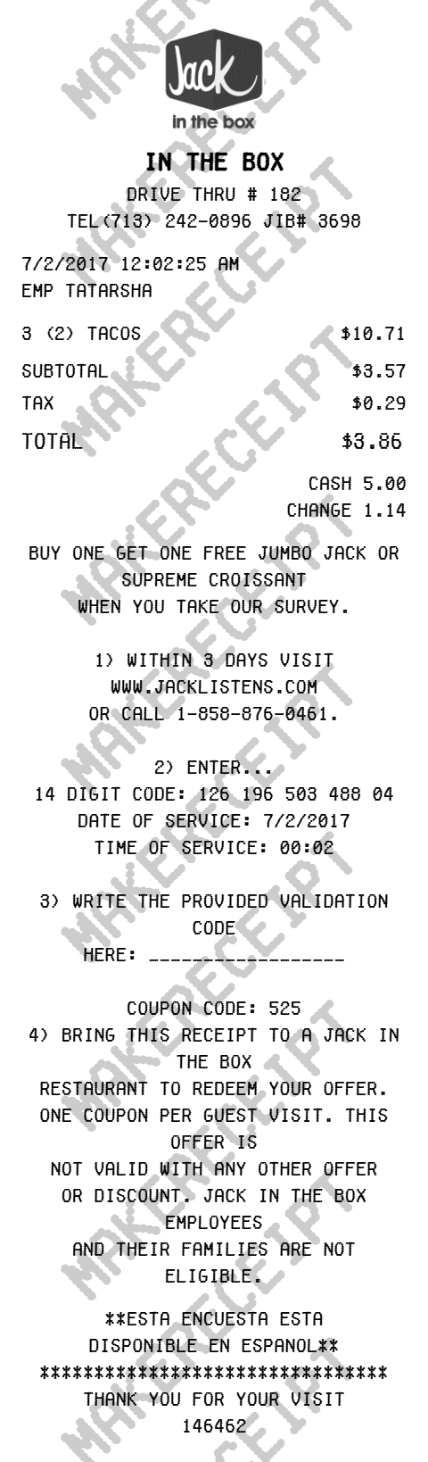 Jack in the Box Receipt preview