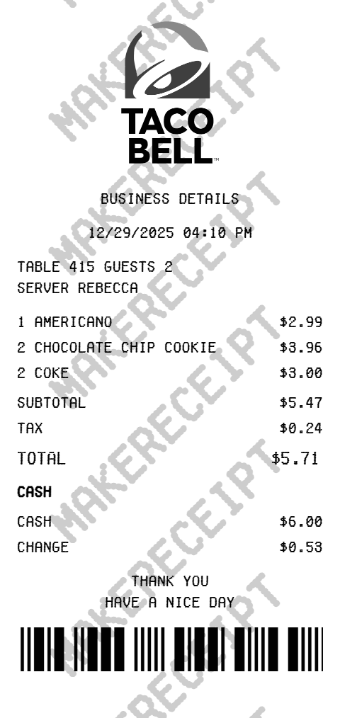 Taco Bell Receipt preview