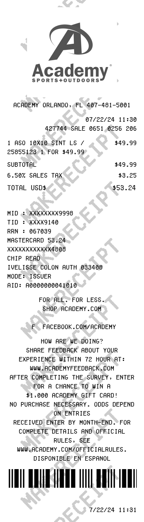 Academy Sports Receipt preview