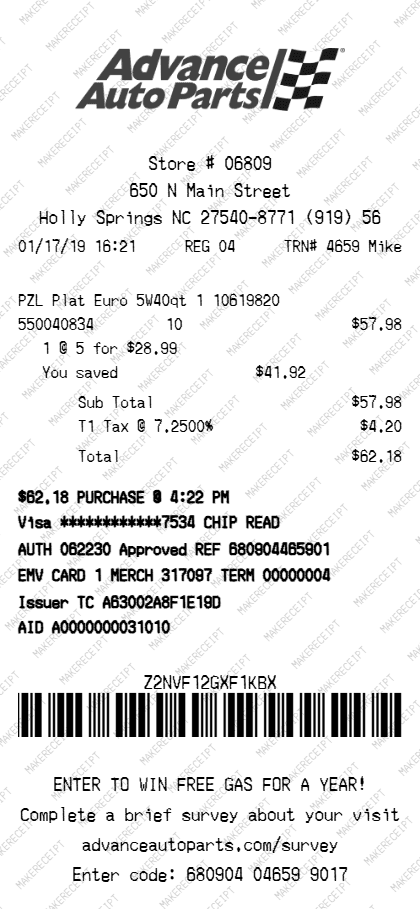Advance Auto Parts Receipt preview