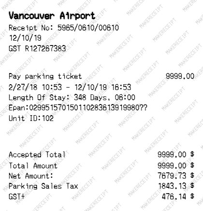 Airport Parking Receipt