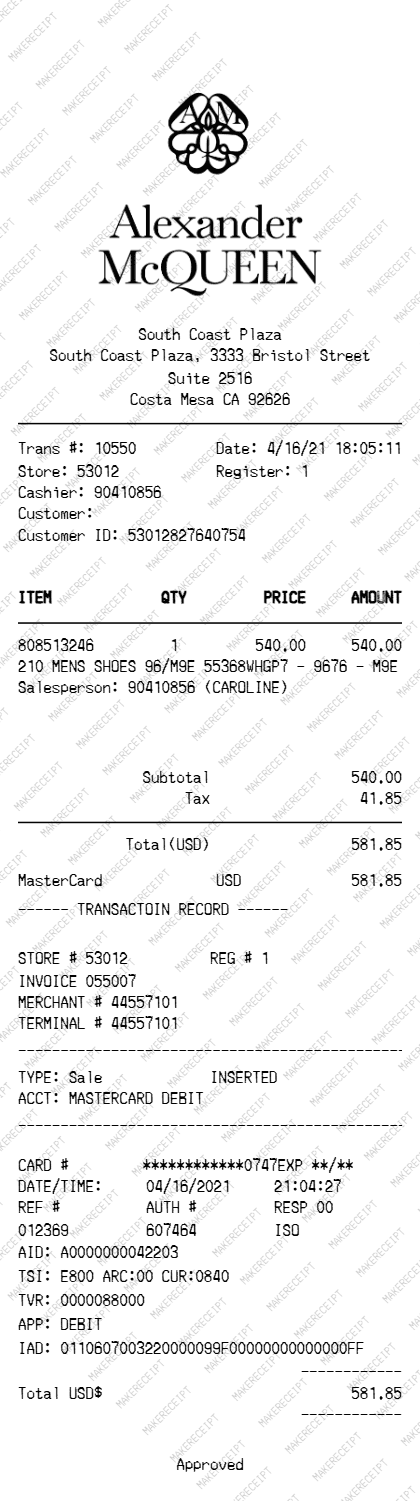 Alexander McQueen Receipt preview