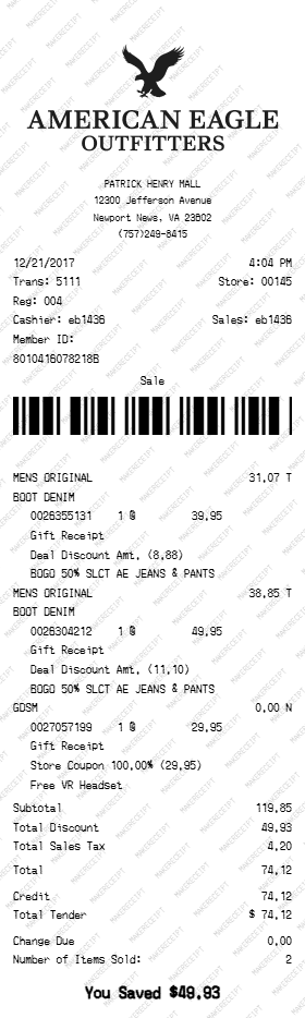 American Eagle Receipt preview