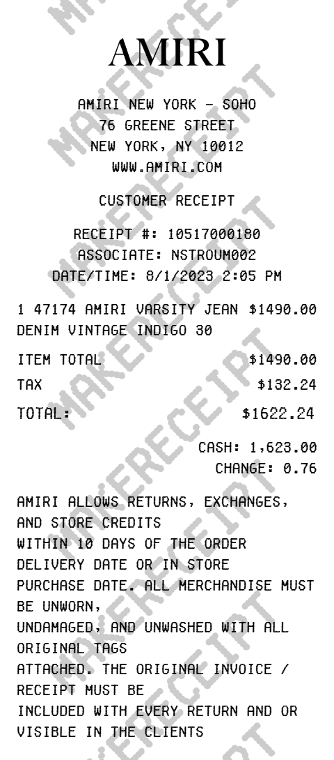 Amiri Receipt preview