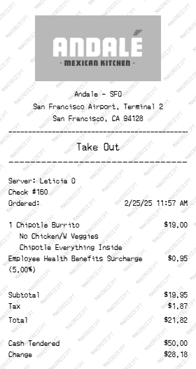 Andale Mexican Kitchen Receipt