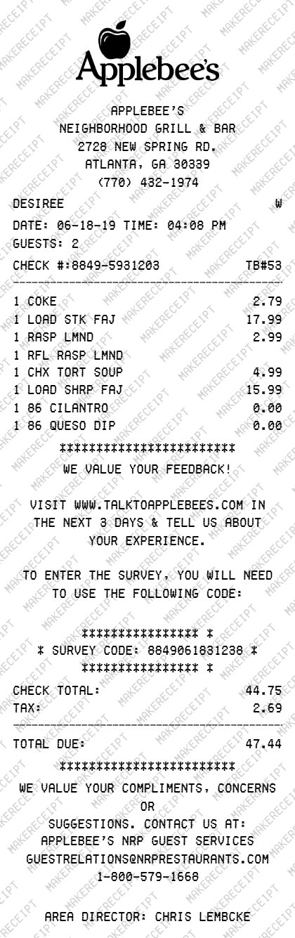 Applebee's Receipt