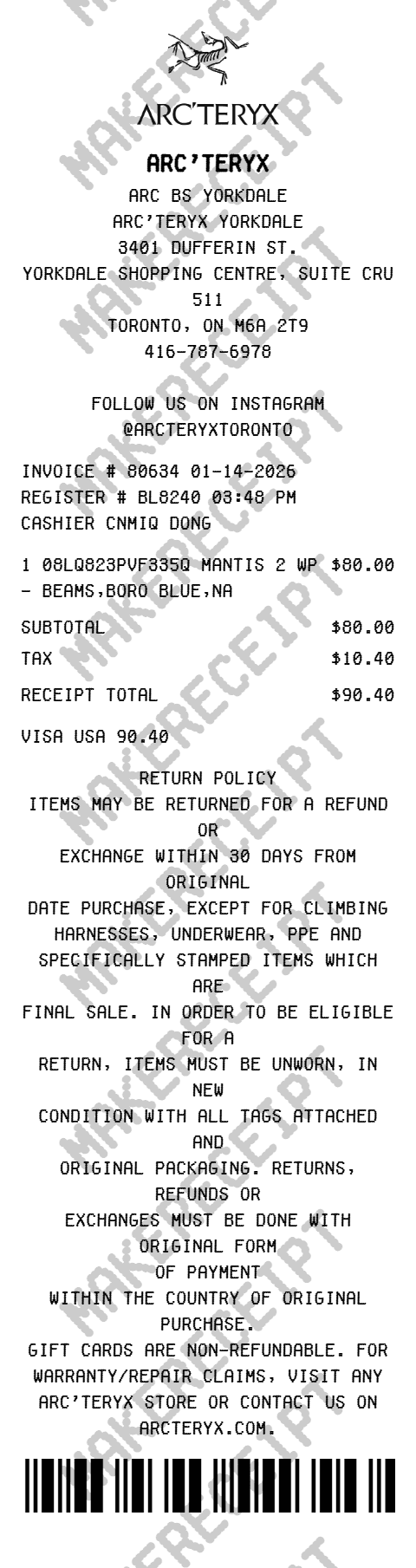 Arcteryx Receipt preview