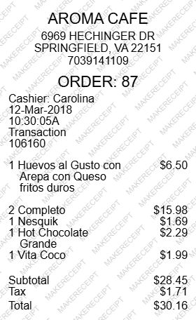Aroma Cafe Receipt
