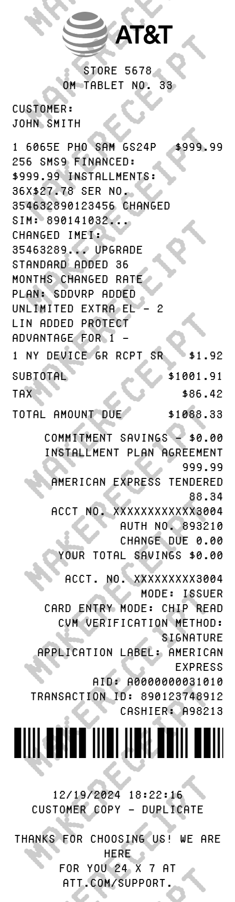 AT & T Receipt preview