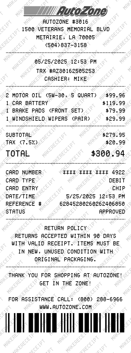 AutoZone Receipt preview