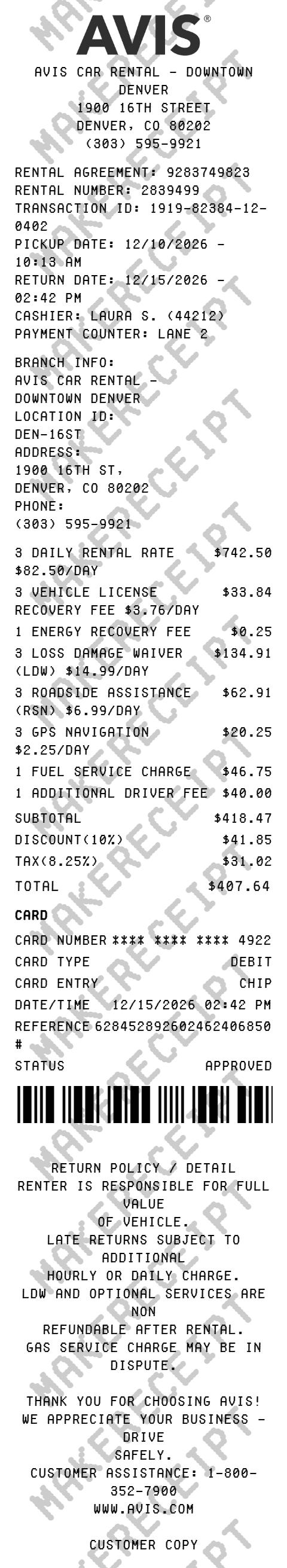 AVIS Receipt preview