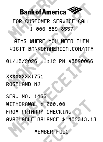 Bank of America Receipt preview