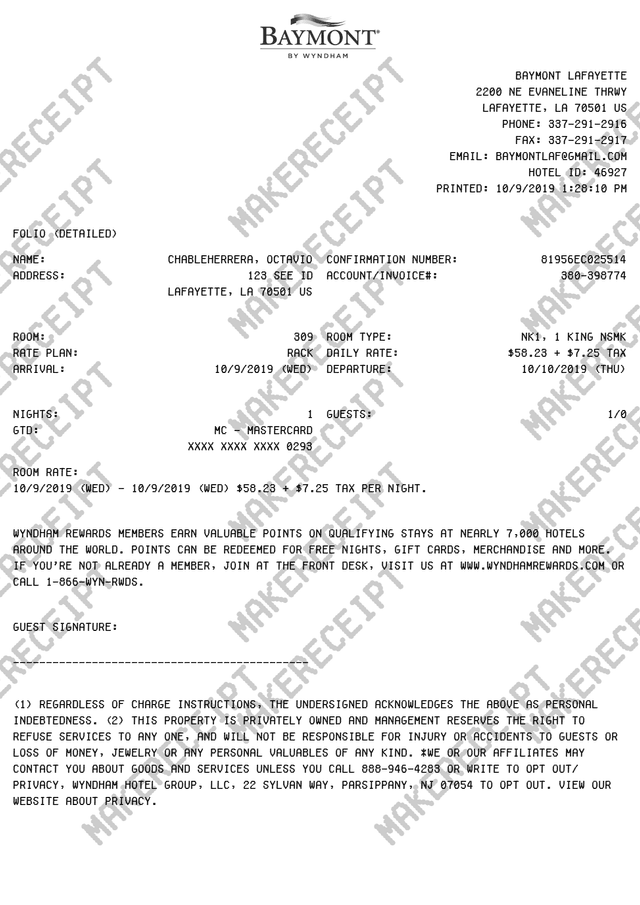 Baymont Hotel Receipt preview