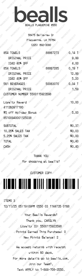 Bealls Receipt preview