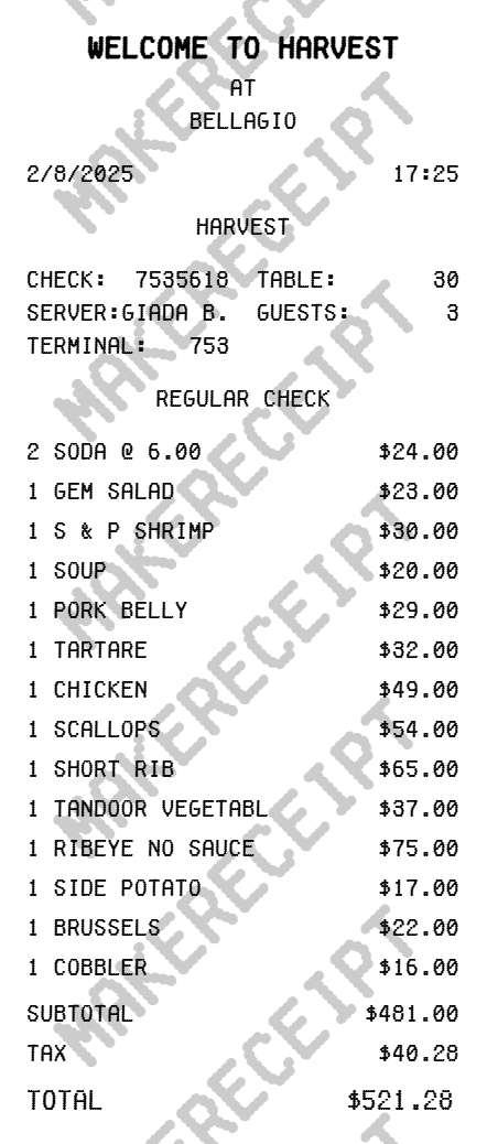 Bellagio Hotel Receipt preview