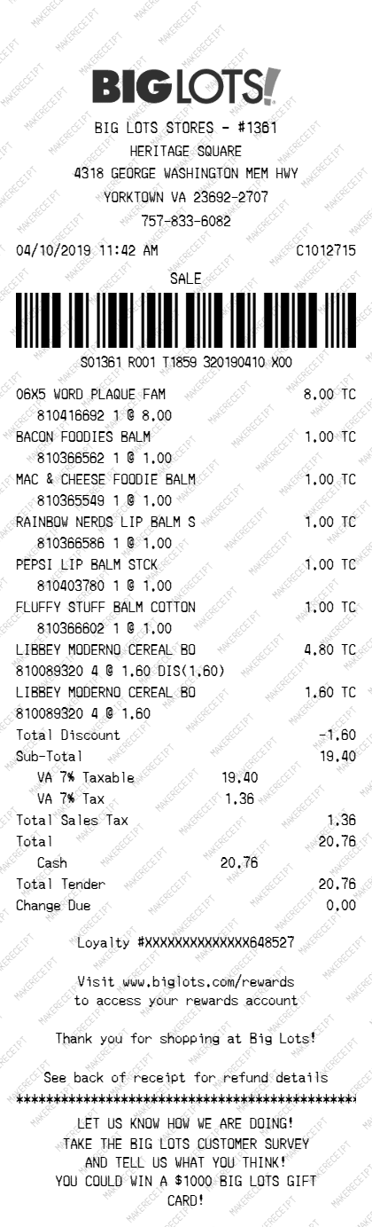 Big Lots Receipt preview
