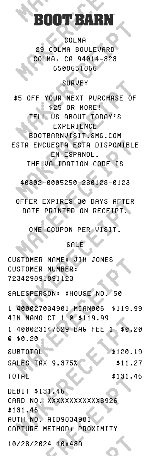 Boot Barn Receipt preview