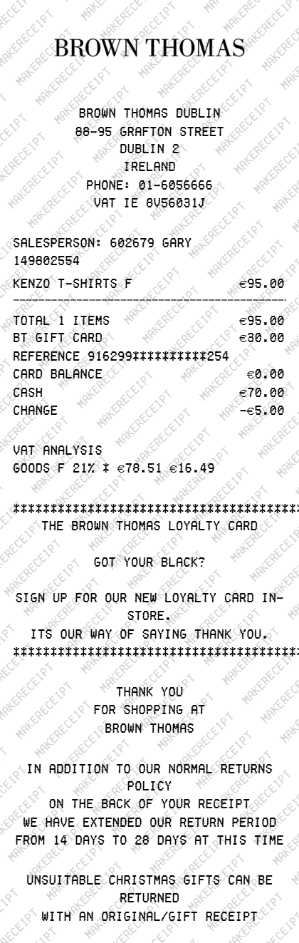 Brown Thomas Receipt