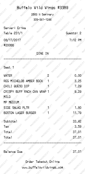 Buffalo Wild Wings Receipt preview