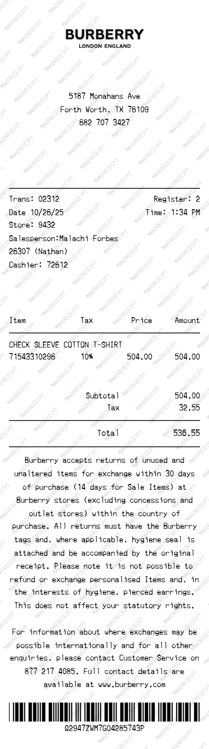 Burberry Receipt preview