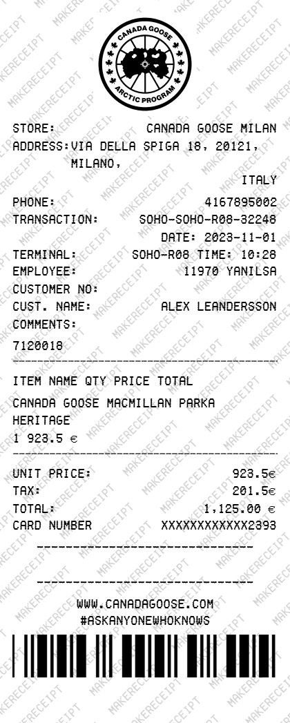Canada Goose Receipt