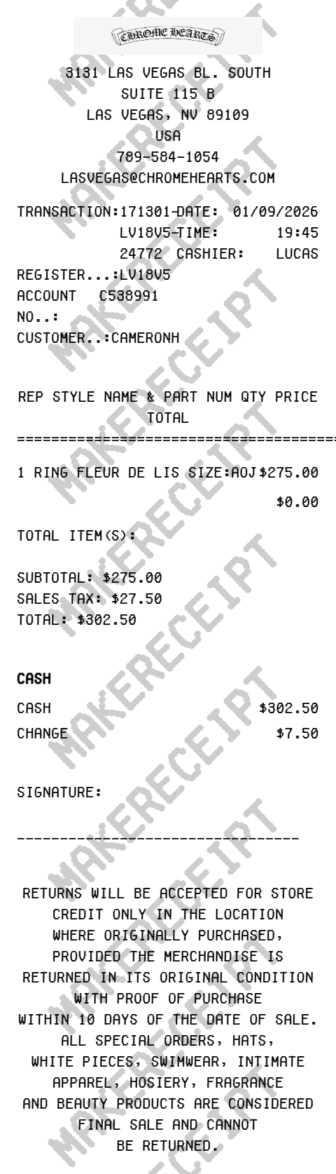 Chrome Hearts Receipt