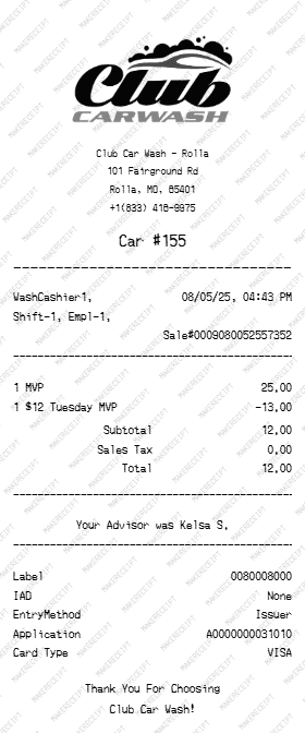 Club Car Wash Receipt preview