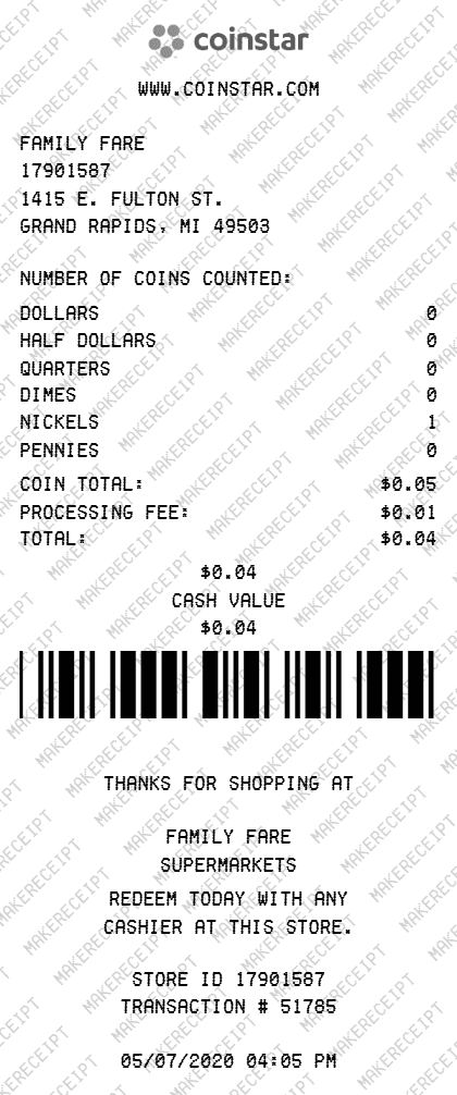 Coinstar Receipt