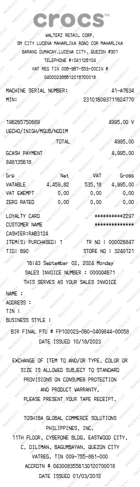 Crocs Receipt preview