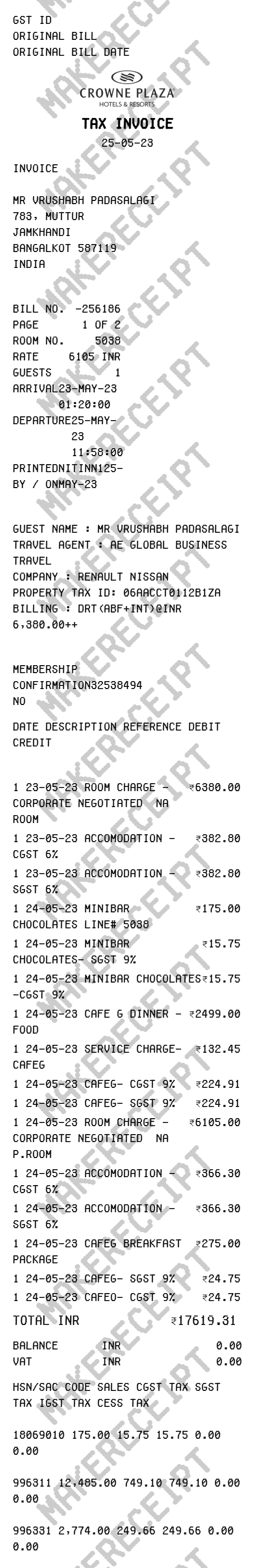 Crowne Plaza Hotel Receipt