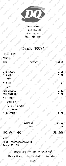 Dairy Queen Receipt