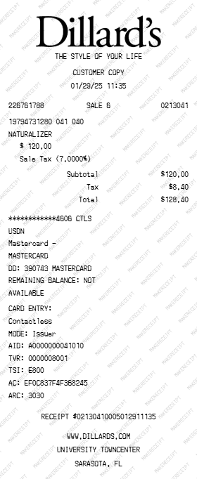 Dillards Receipt preview