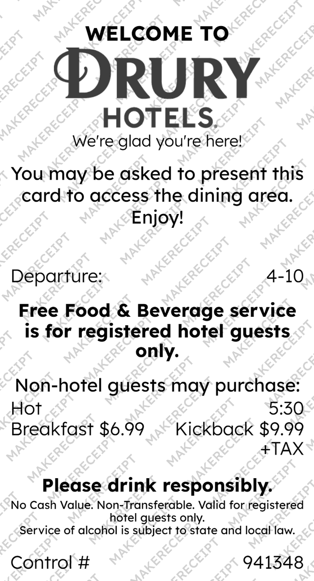 Drury Hotel Receipt preview