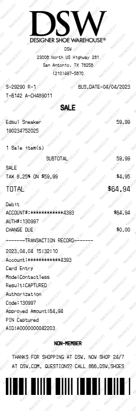 DSW Receipt preview
