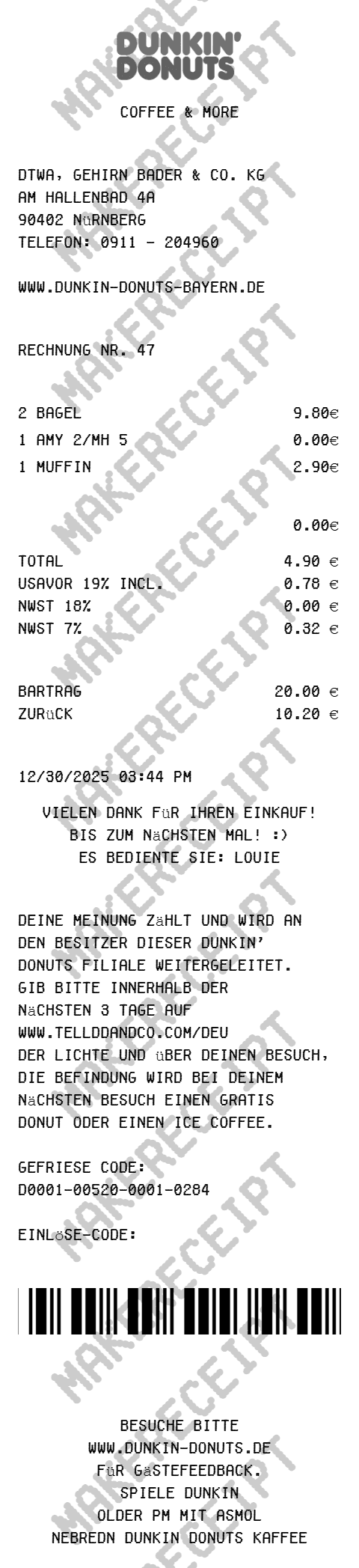 Dunkin Donuts Receipt