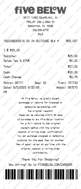 Five Below Receipt preview