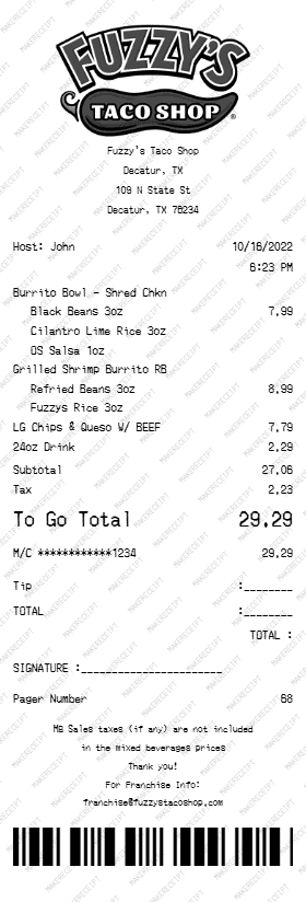 Fuzzy's Taco Shop Receipt