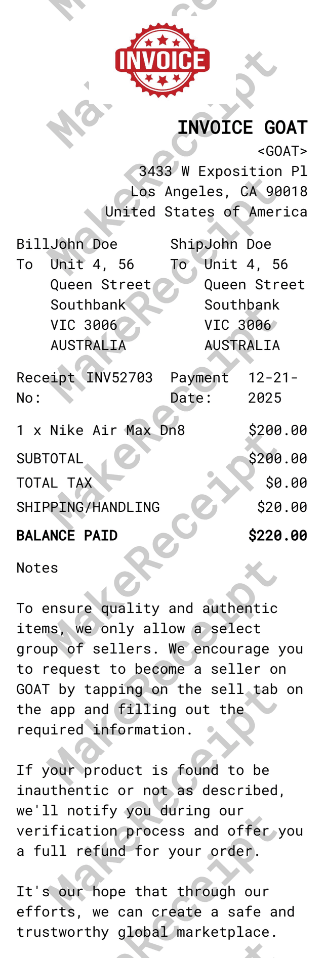 GOAT Receipt preview