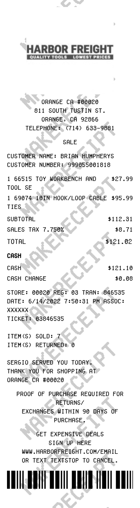 Harbor Freight Receipt preview
