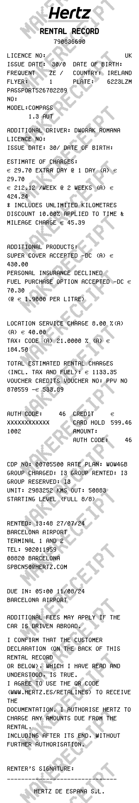 Hertz Receipt preview