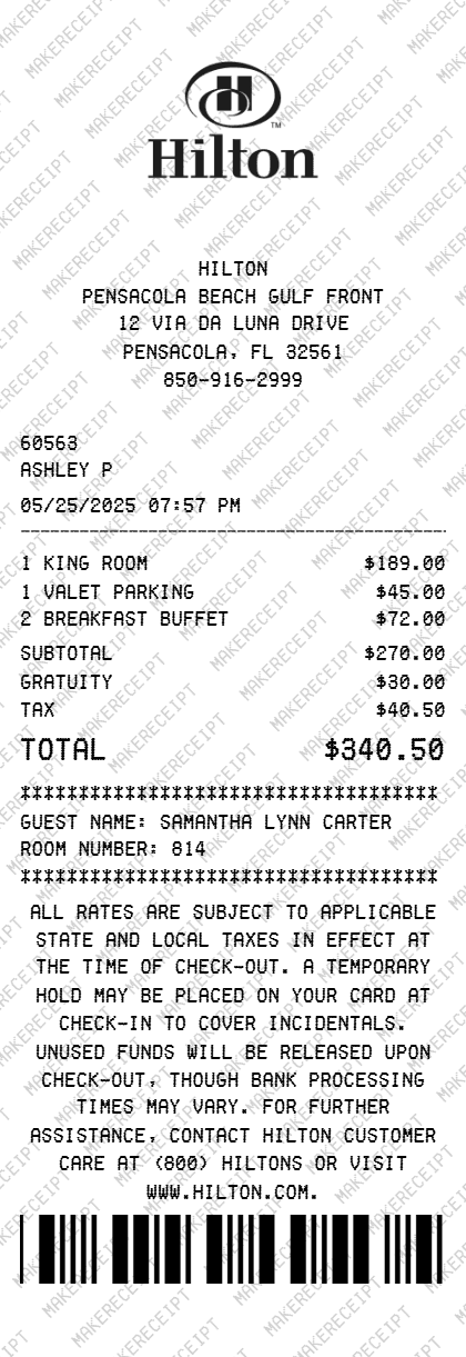 Hilton Hotel Receipt preview