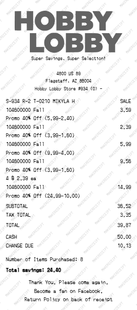 Hobby Lobby Receipt preview