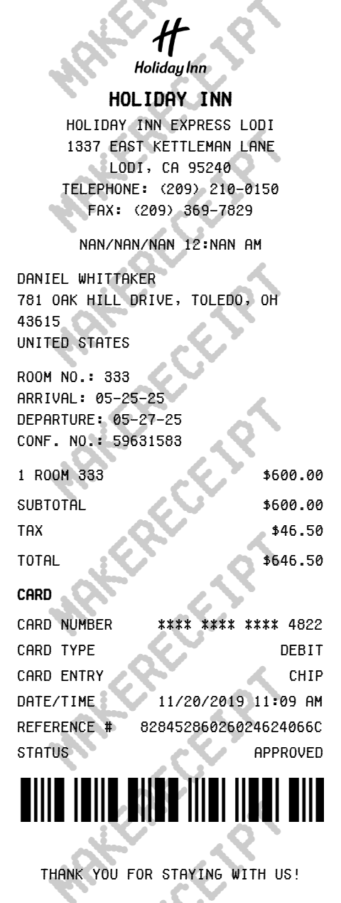 Holiday Inn Receipt