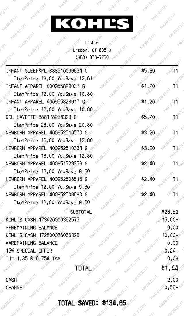 Kohls Receipt preview