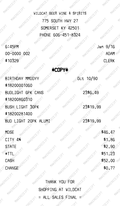 Liquor Shop Receipt preview