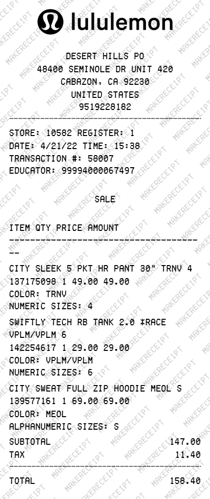 Lululemon Receipt preview