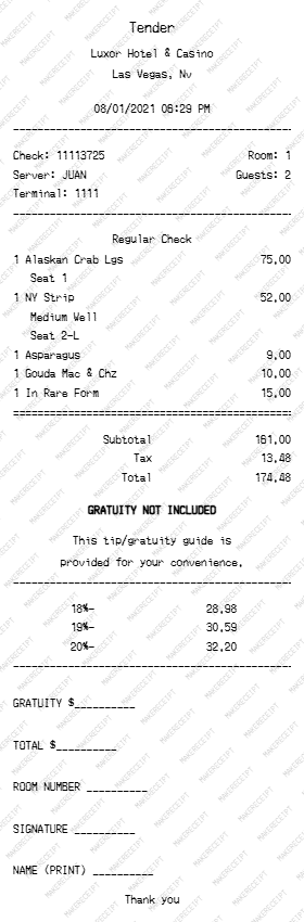 Luxor Hotel Receipt preview