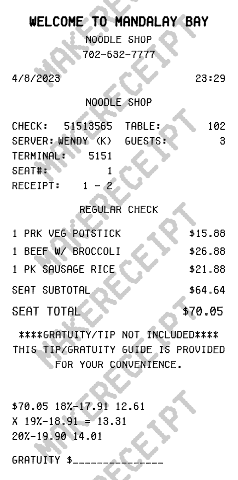 Mandalay Bay Hotel Receipt preview