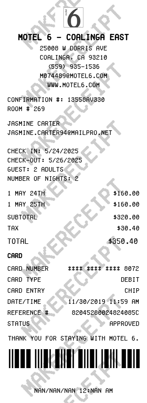 Motel 6 Receipt preview