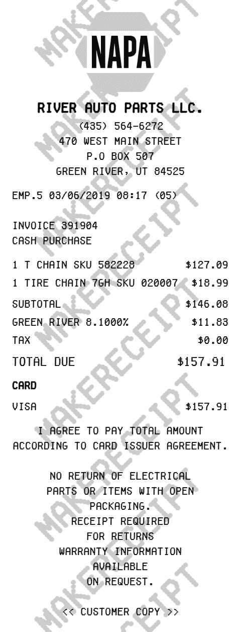 NAPA Auto Parts Receipt